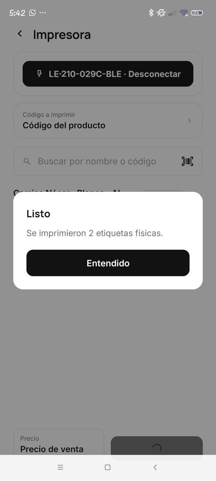 Confirmación de impresión de una etiqueta desde el celular