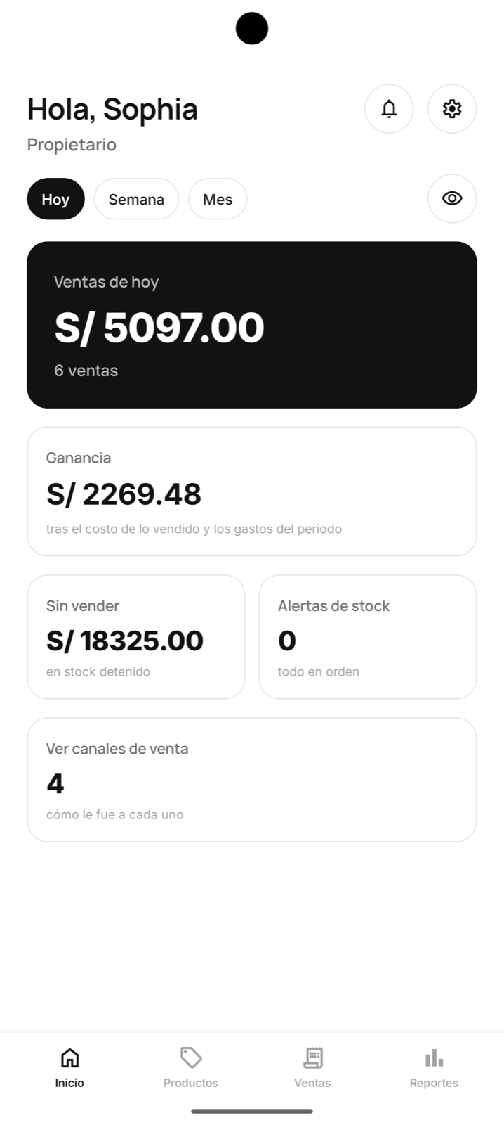 Panel de inicio de Crazzula Business con ventas, ganancia y alertas de stock